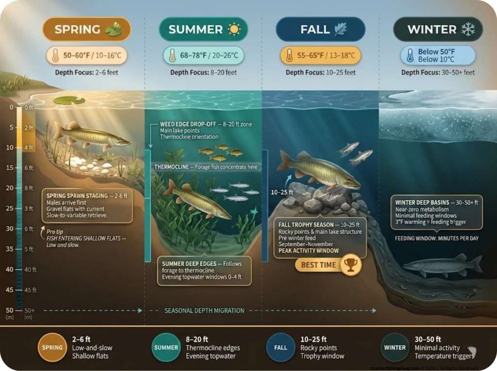 Lake cross-section infographic showing muskellunge depth zones across four seasons with temperature ranges, structure labels, and depth markers