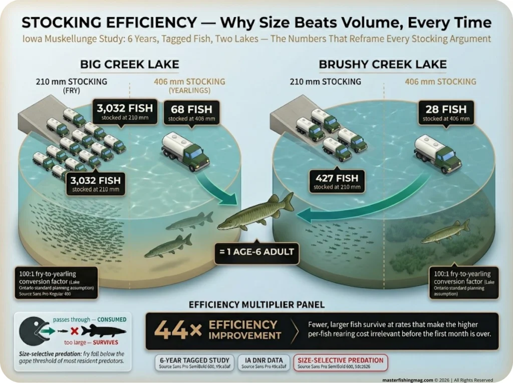 Infographic comparing muskellunge fry vs yearling stocking efficiency across two Iowa lakes with 44x survival differential data