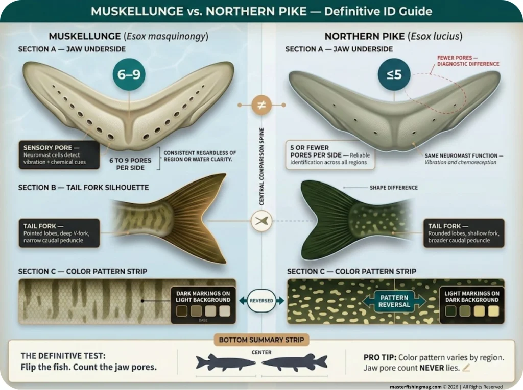 Infographic comparing muskellunge vs northern pike jaw pores (6–9 vs ≤5), tail fork shape, and color pattern with labeled anatomical callouts