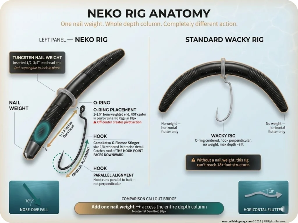 Infographic showing Neko rig anatomy with nail weight depth, O-ring placement, hook orientation, and wacky rig comparison