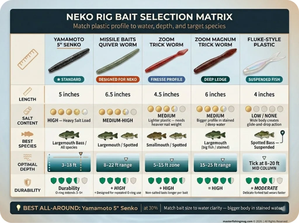 Infographic showing Neko rig bait matrix comparing 5 plastics by length, salt content, species, optimal depth, and durability