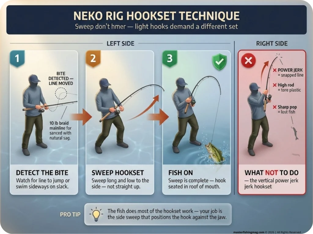 Infographic showing 3-step Neko rig sweep hookset sequence with correct technique vs. incorrect vertical jerk comparison