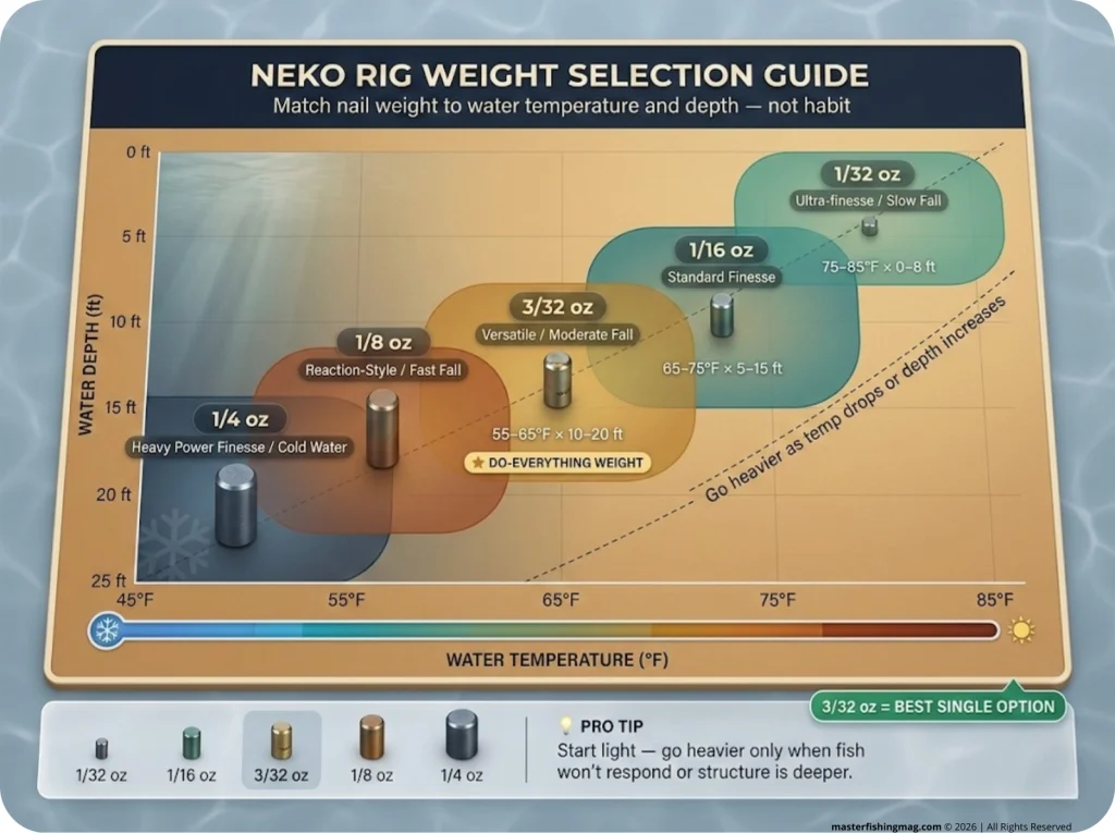 Infographic showing Neko rig weight selection by water temperature and depth with color-coded zones and weight size labels