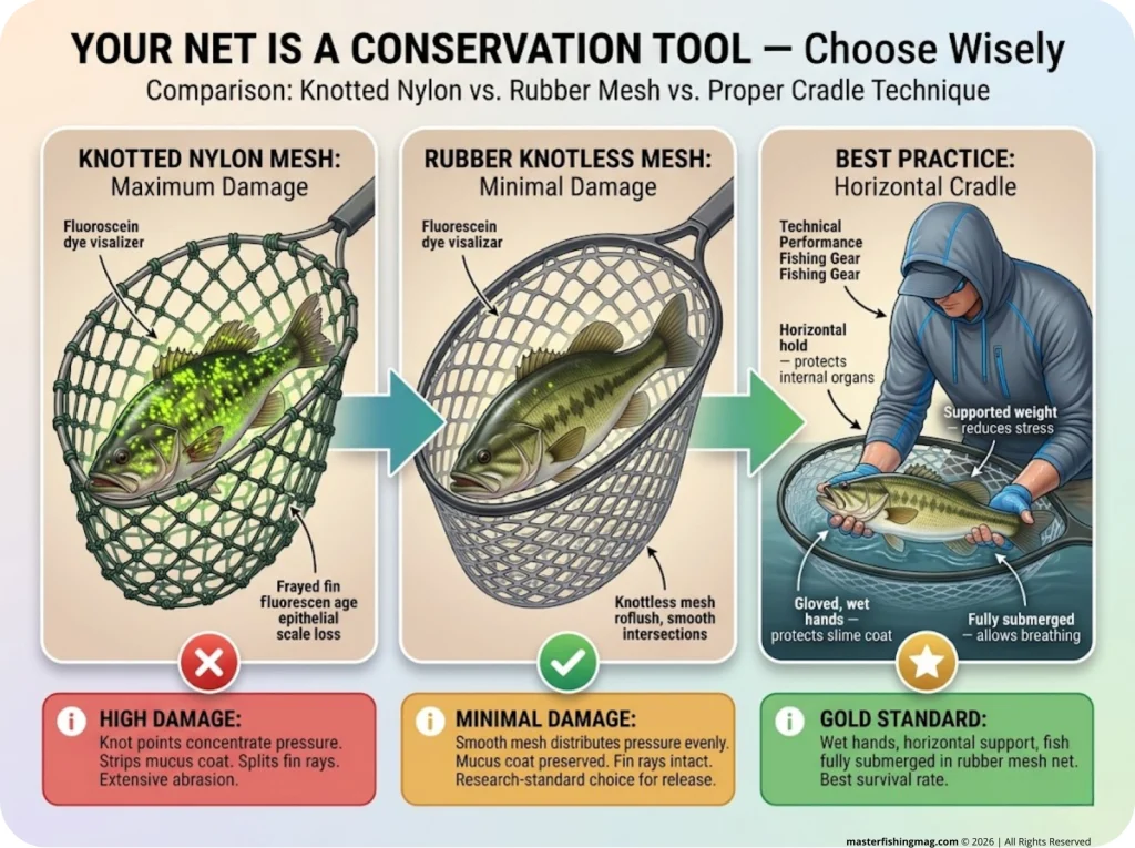 Infographic comparing knotted nylon net damage, rubber knotless mesh, and proper horizontal cradle technique for fish release