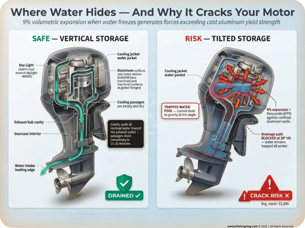 Infographic showing outboard engine cross-section with water accumulation zones in tilted vs vertical storage and freeze expansion vectors