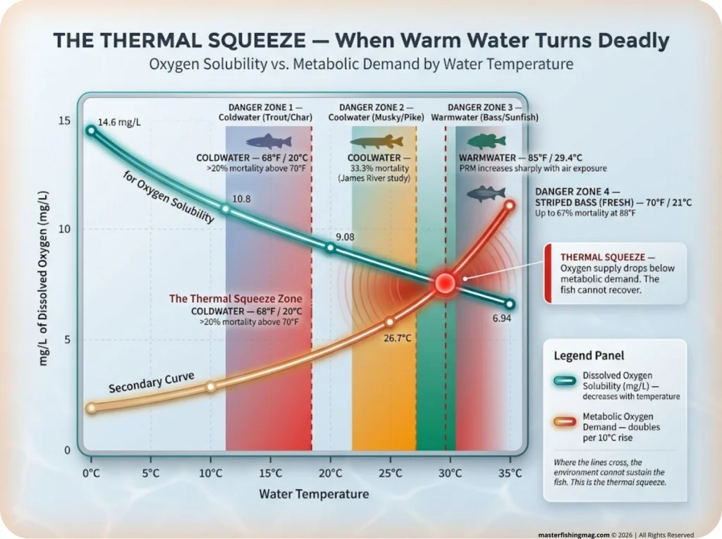 Infographic showing oxygen solubility curve dropping with temperature and metabolic demand rising, with species danger zones marked