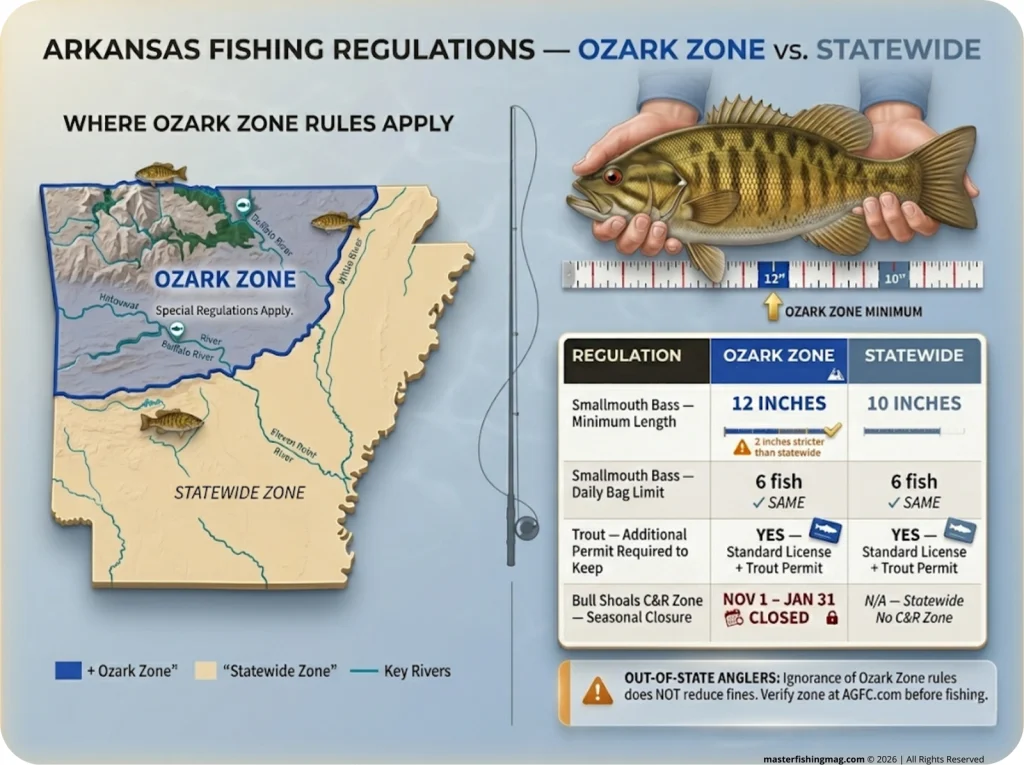 Infographic comparing Ozark Zone vs statewide Arkansas smallmouth bass size limits with mini-map and regulation table side by side