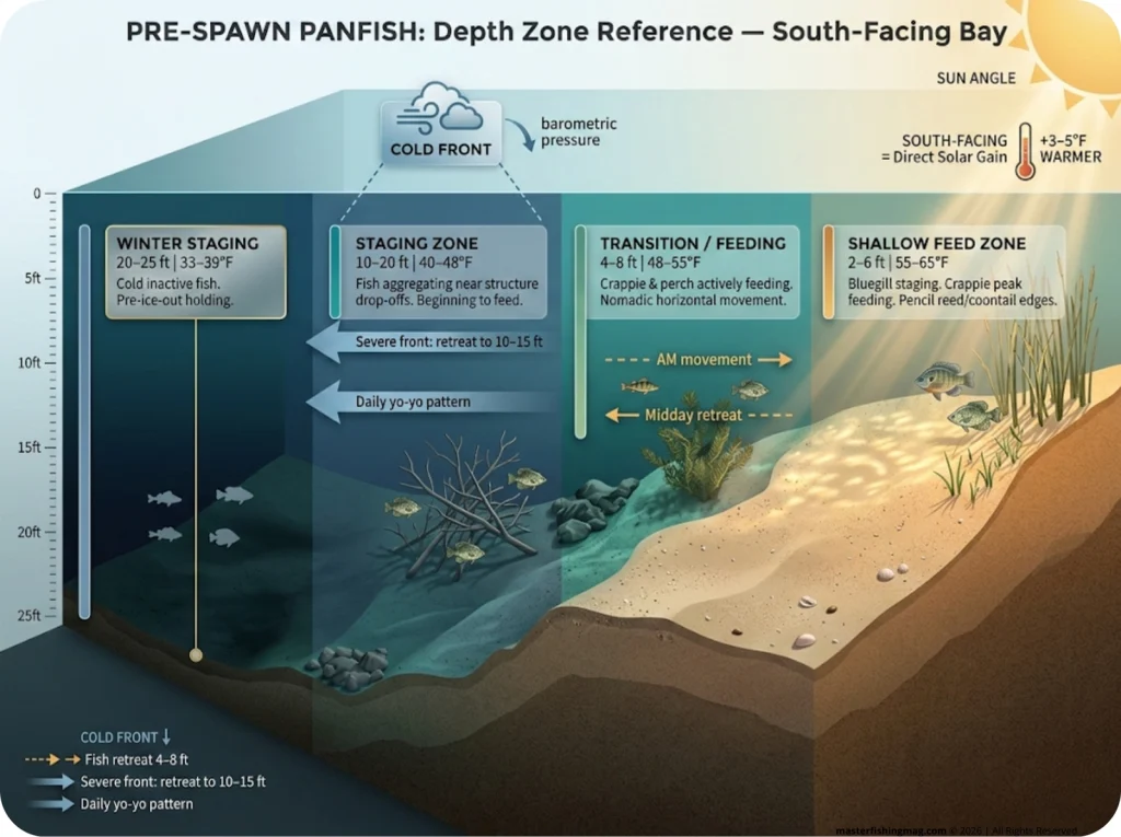 Infographic showing south-facing lake bay cross-section with four panfish depth zones, temperature ranges, species icons, and cold-front retreat arrows