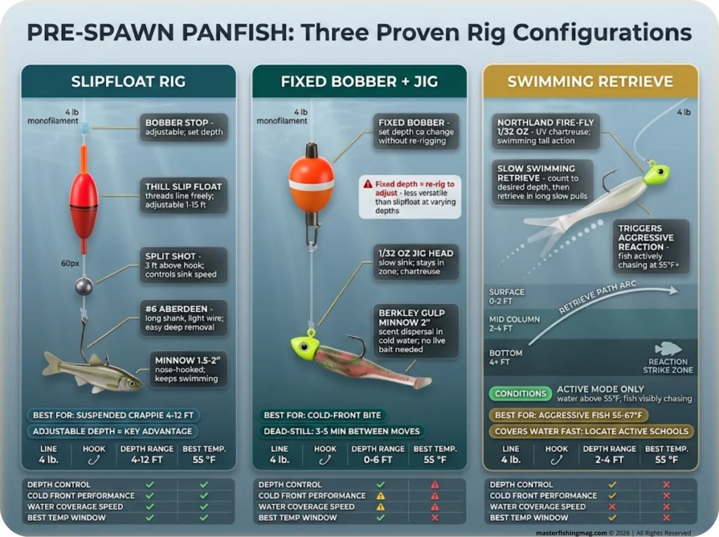 Infographic comparing three pre-spawn panfish rigs — slipfloat, fixed bobber with jig, and swimming retrieve — with depth ranges, hook sizes, and best-use tags