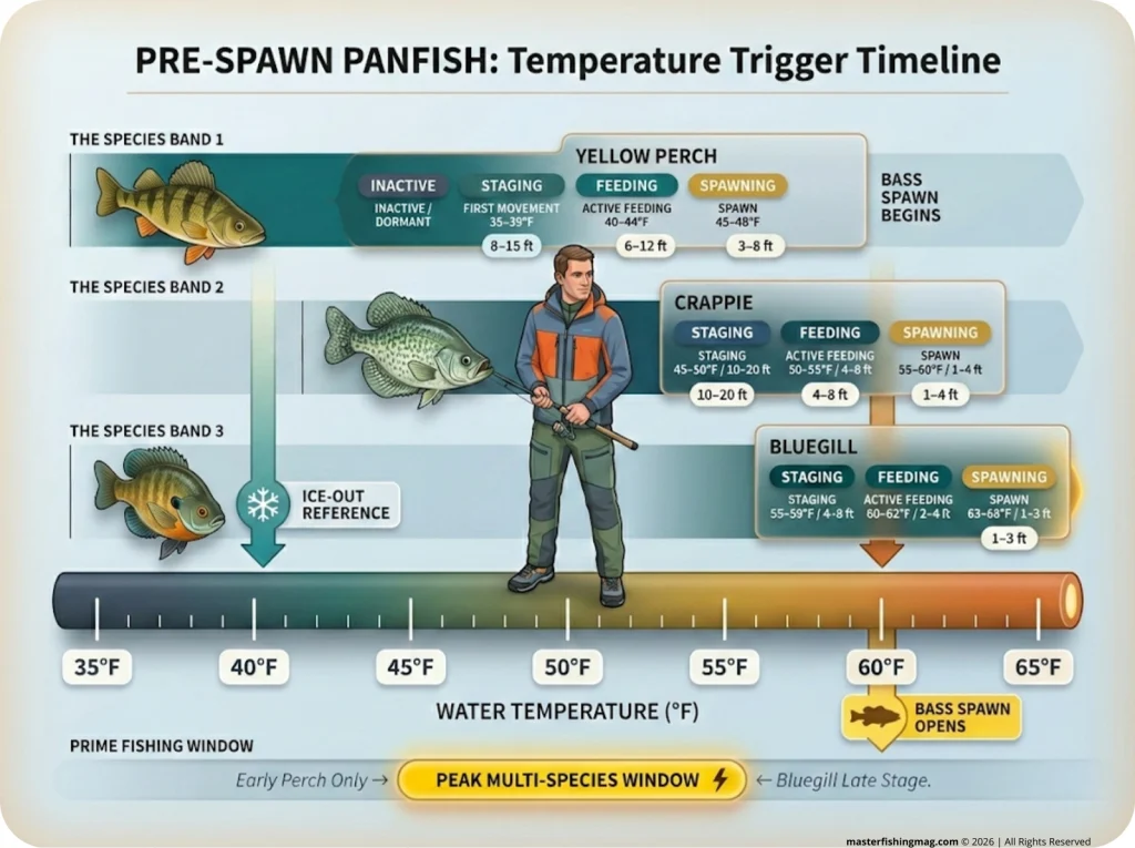 Infographic showing panfish activity timeline from 35°F to 65°F with perch, crappie, and bluegill trigger temps, movement phases, and depth ranges