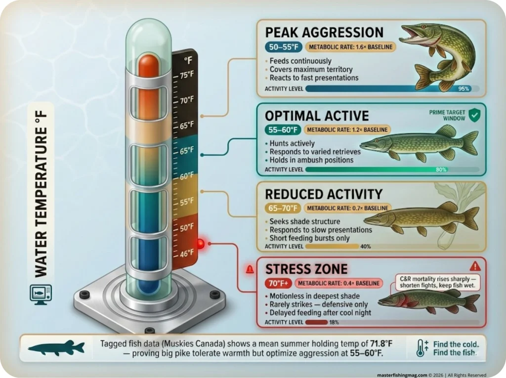 Infographic showing northern pike behavioral states across temperature ranges with metabolic rate multipliers and aggression indicators