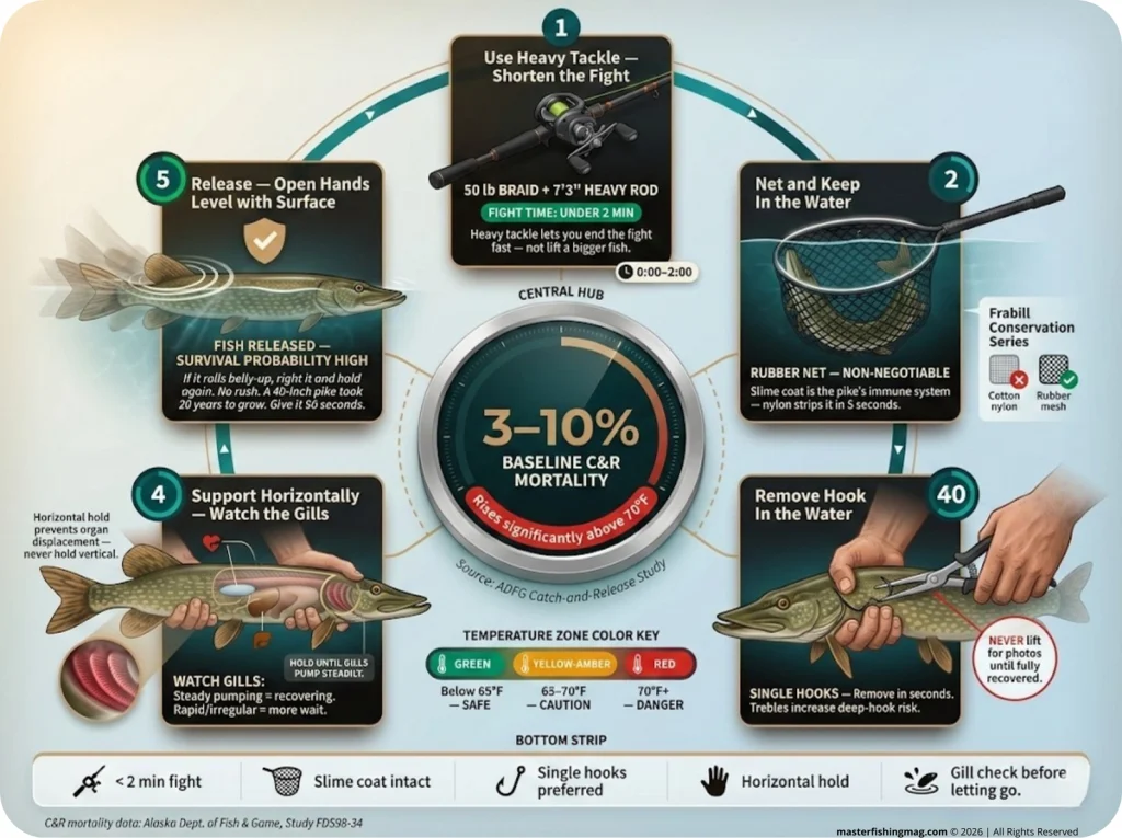 Infographic showing 5-step pike warm-water release sequence with time indicators, water temp zones, and 3–10% mortality stat callout