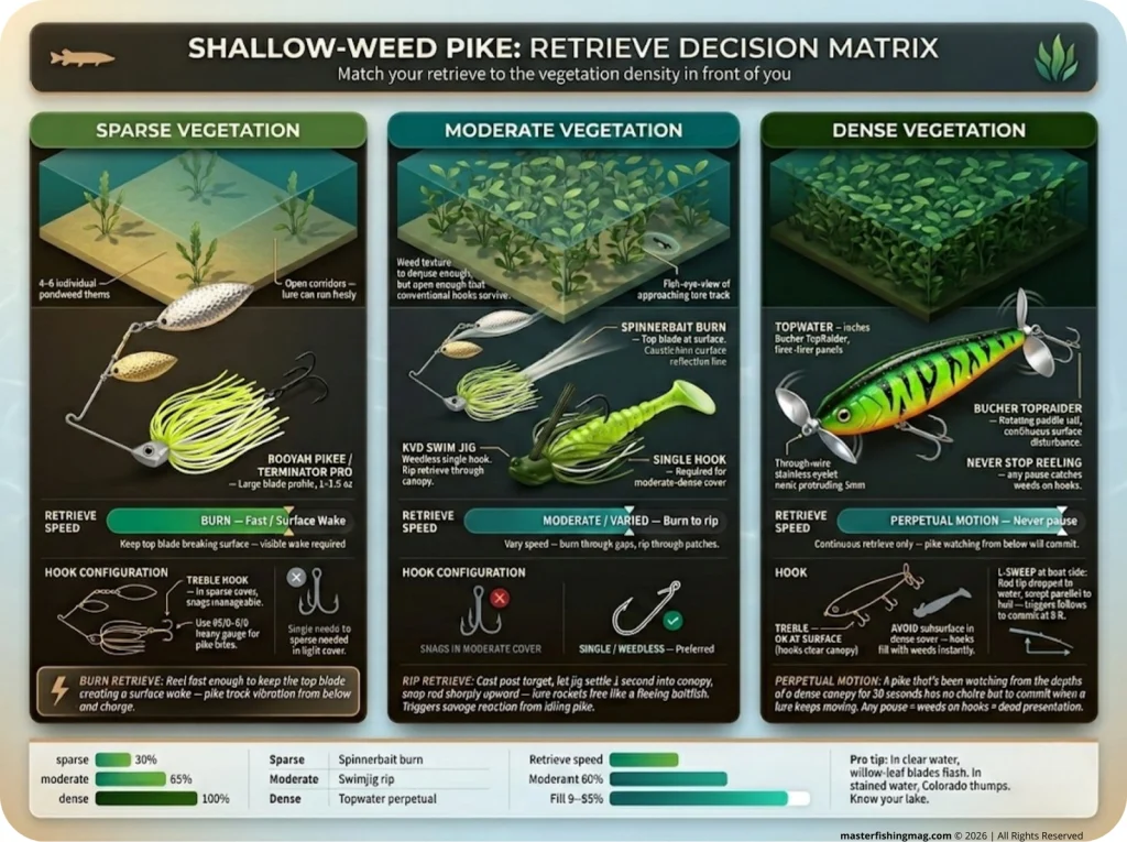 Infographic decision matrix showing pike retrieve techniques for sparse, moderate, and dense vegetation with lure icons and hook configs