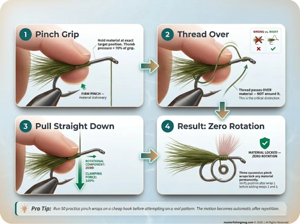 Infographic showing 4-step pinch wrap technique with directional arrows and torque neutralization at each stage