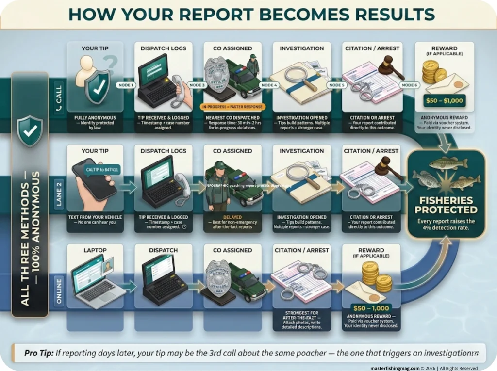 Infographic showing 3-lane reporting process (call, text, online) from tip to citation with anonymity shield and reward steps