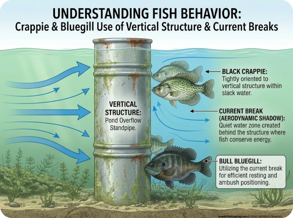 Infographic showing pond overflow standpipe hydrodynamics with crappie and bluegill holding in the downstream current break
