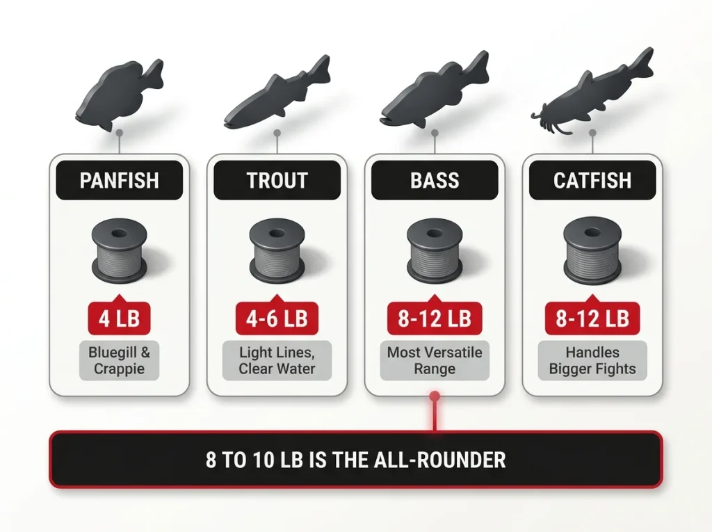 Reference infographic showing recommended monofilament pound test by species for panfish, trout, bass, and catfish