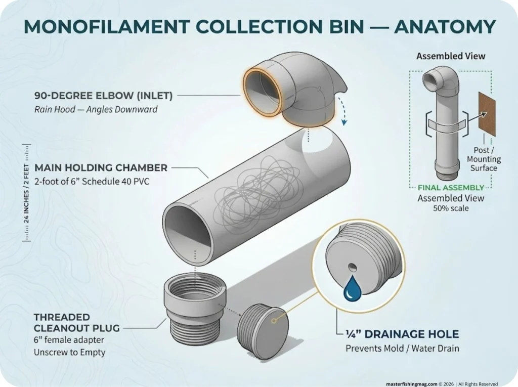 Exploded diagram of a PVC fishing line recycling bin showing elbow, tube, plug, and drainage hole location