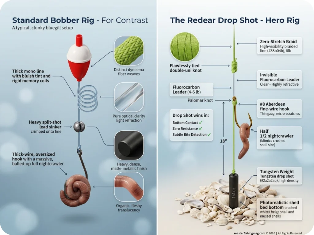 Infographic comparing redear drop shot rig with fine-wire hook and tungsten weight against a standard bobber setup