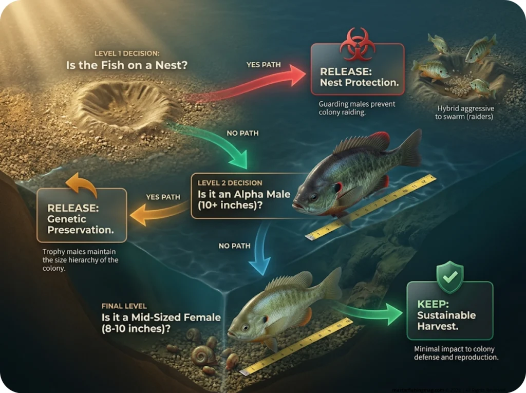 Infographic showing redear sunfish harvest flowchart deciding between releasing guarding males and keeping mid-sized females