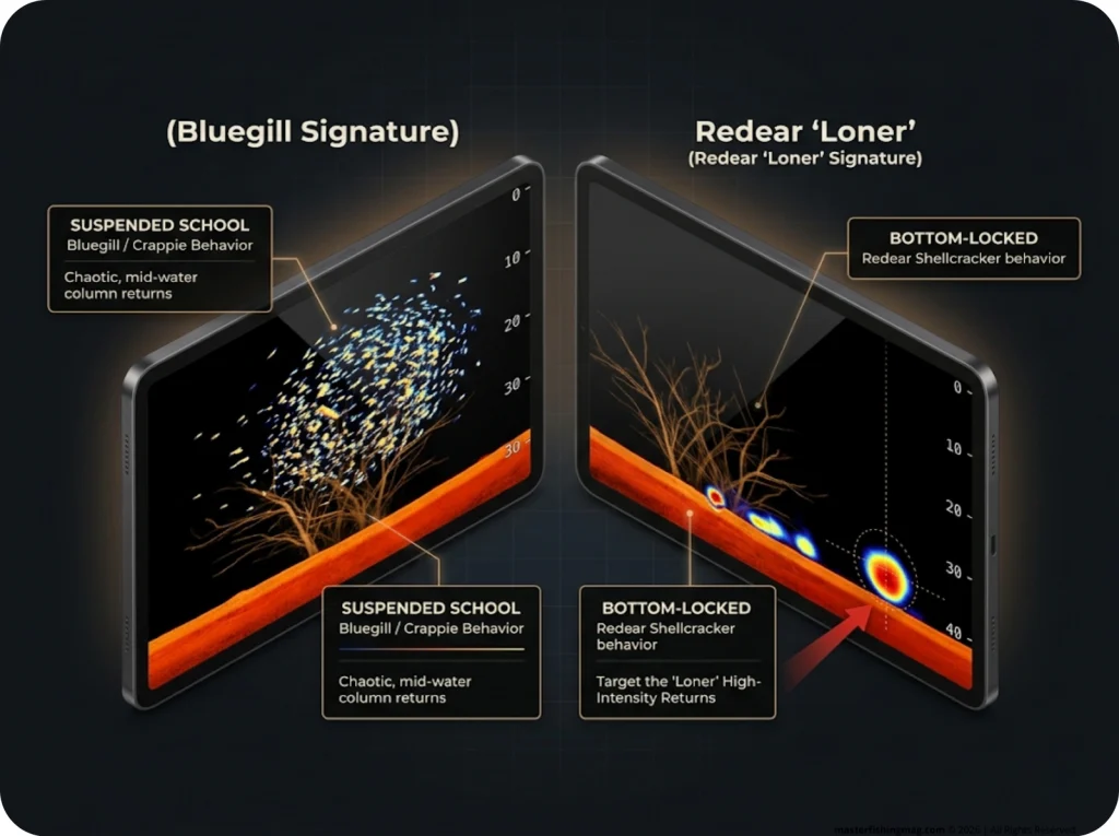 Infographic showing LiveScope sonar screen comparison of suspended bluegill versus bottom-locked redear sunfish