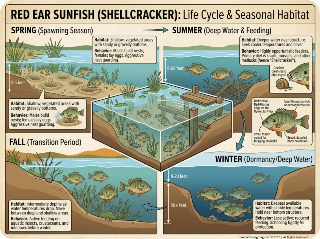 Infographic showing redear sunfish seasonal depth patterns from winter deep structure to spring spawn with water temperatures