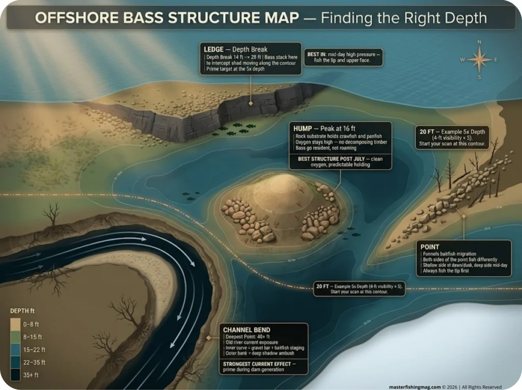 Infographic showing top-down bathymetric reservoir map with labeled ledge, hump, channel bend, and point with strategic bass attributes