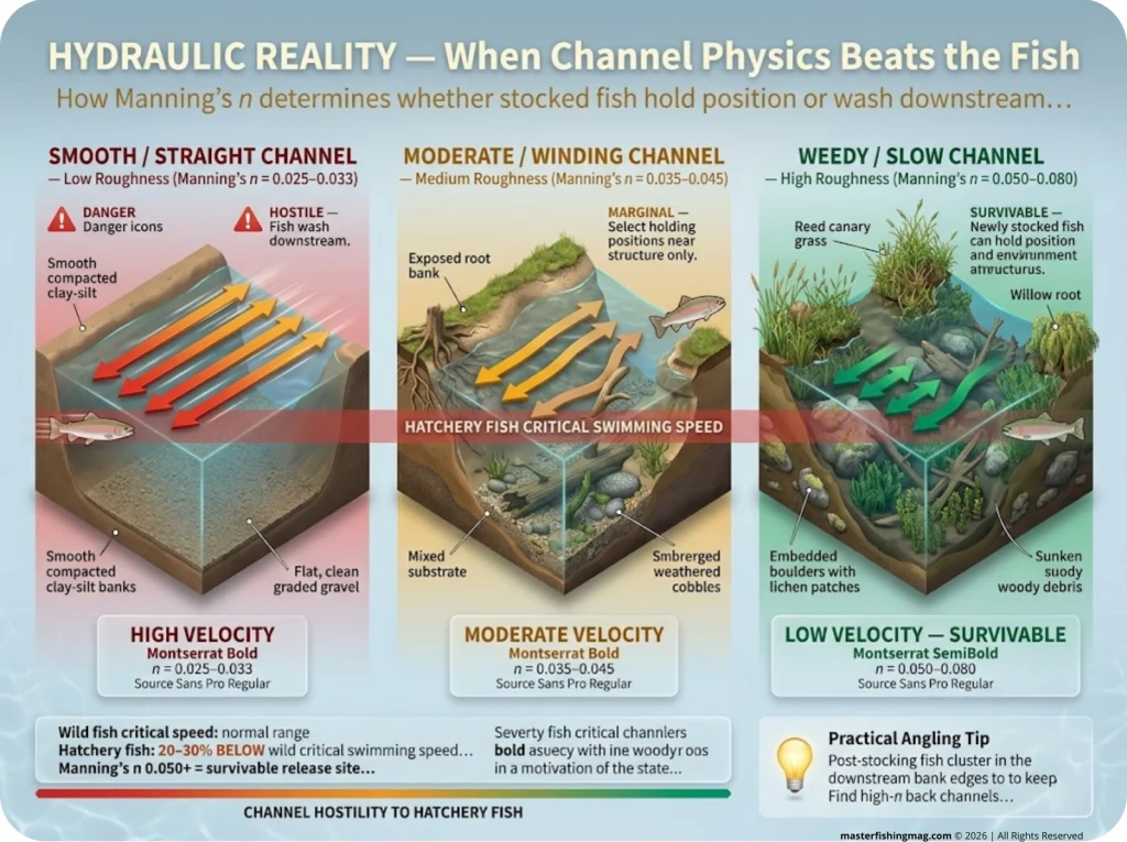 Infographic comparing three river channel types by Manning's n roughness with current velocity arrows and hatchery fish swimming speed overlay zone