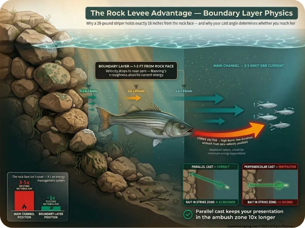 Infographic showing Delta rock levee cross-section with boundary layer physics, striper ambush position, and casting angle comparison