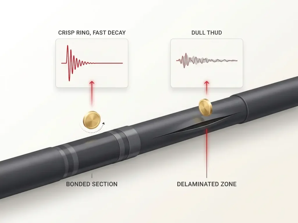 Diagram comparing a healthy fishing rod blank's crisp sound wave to a delaminated section's dull damped wave