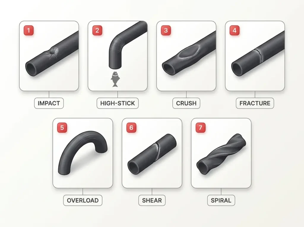 Infographic grid showing seven fishing rod blank failure modes with their telltale visual signatures labeled