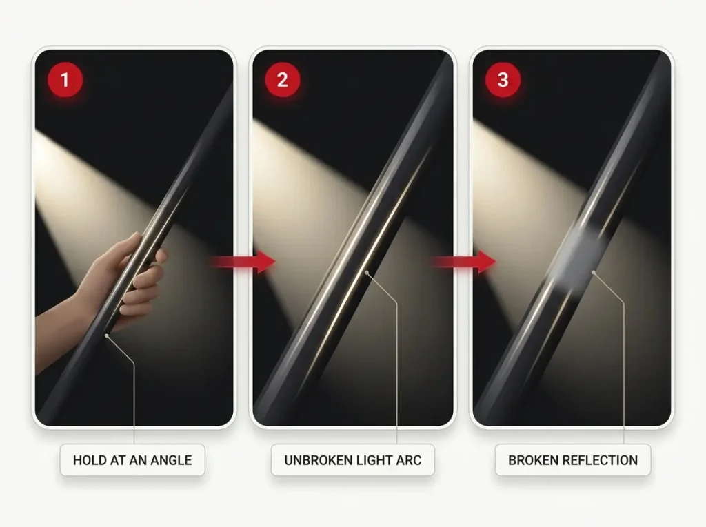 Three-step infographic showing the light-reflection test for finding a cracked fishing rod blank in a dark space