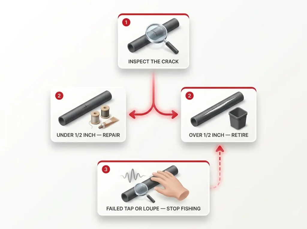 Decision flowchart for whether a cracked fishing rod blank should be repaired or retired based on crack length