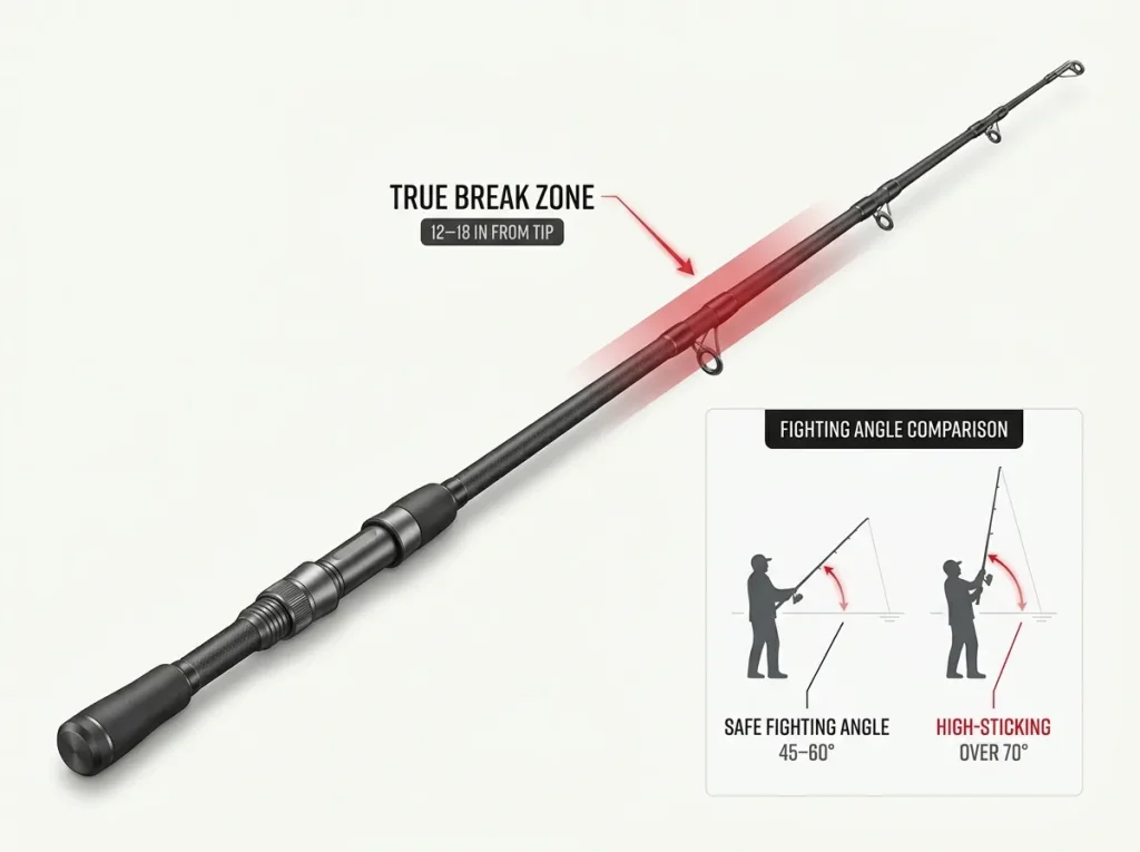 Annotated diagram showing the true fishing rod break zone near the tip and safe versus high-sticking fighting angles