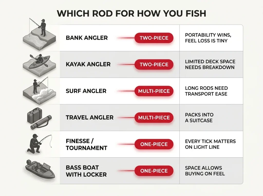 Infographic decision matrix showing recommended one-piece two-piece or multi-piece rod choice by angler type
