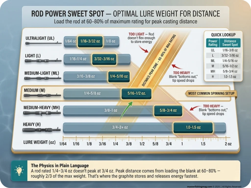 Infographic chart showing rod power ratings from UL to Heavy with optimal lure weight zones and distance peak band at 60–80% of max rating