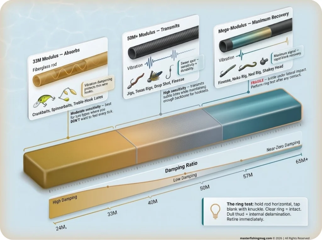 Infographic showing rod sensitivity spectrum from 33M to mega-modulus with damping ratio and technique recommendations for each zone