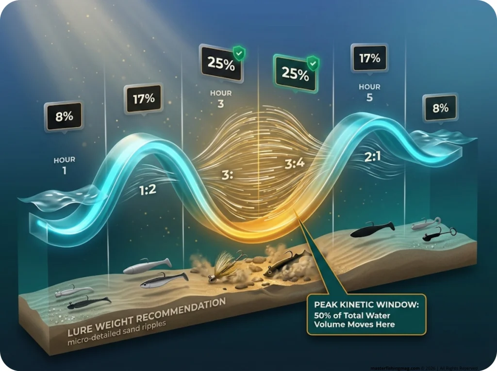 Infographic showing the Rule of Twelfths tidal velocity curve with peak kinetic window and lure weight recommendations