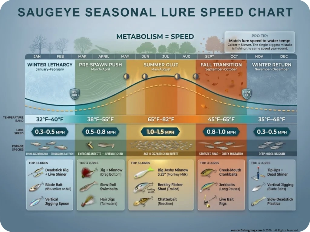Infographic showing seasonal lure speed chart for saugeye with temperature bands, forage species, and recommended lures