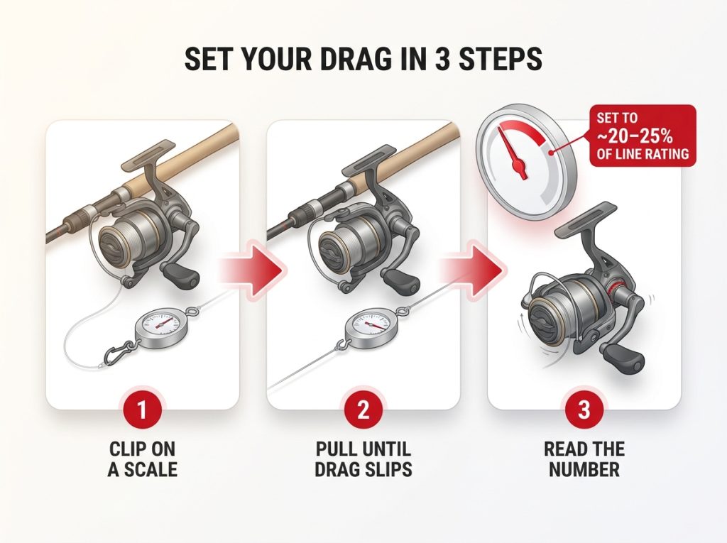 Step sequence showing angler clipping a spring scale to line and pulling until drag slips, set to 20-25% of rating
