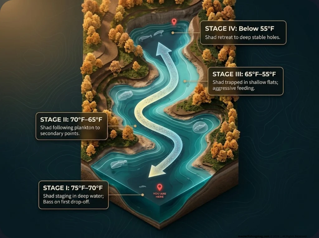 Infographic showing the four stages of fall shad migration along a creek arm with temperature ranges, bass positioning, and recommended lure silhouettes