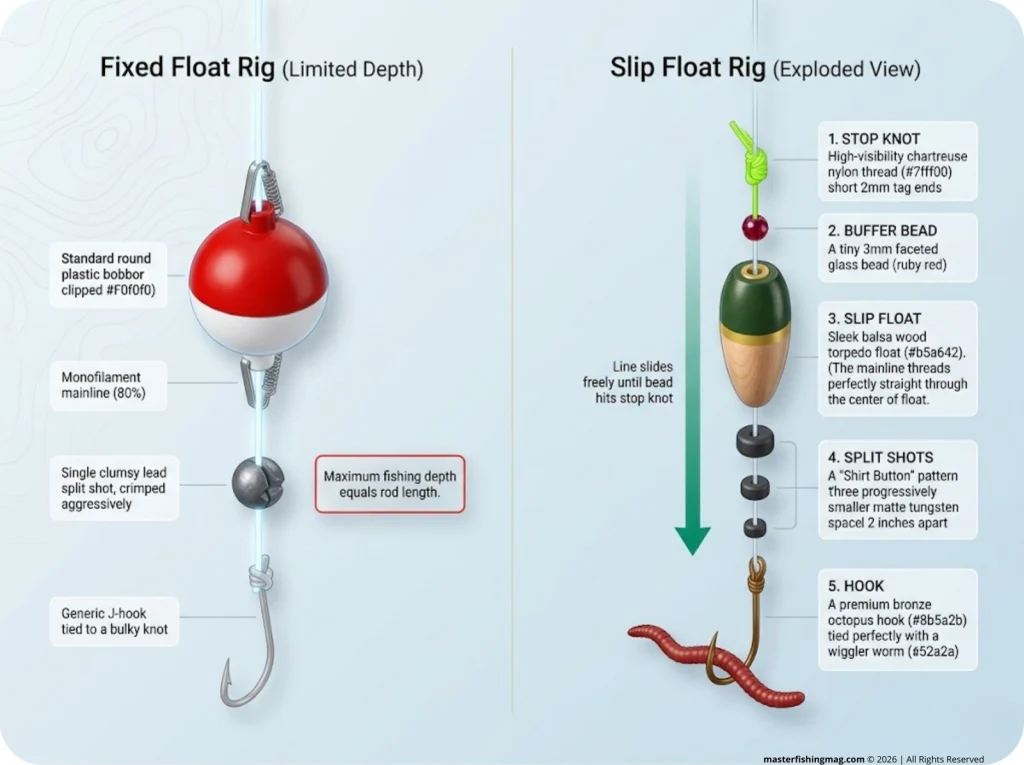 Infographic showing fixed versus slip float rig component order with labeled stop knot, bead, float, split shots, and hook
