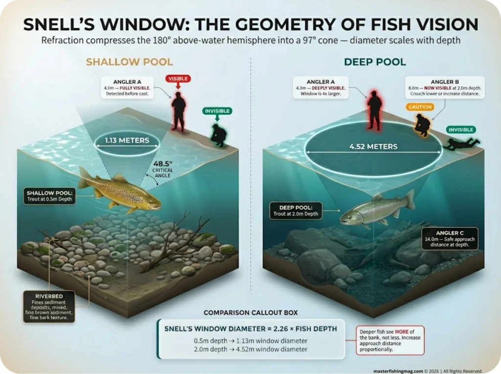 Infographic showing Snell's Window cross-section at 0.5m and 2.0m depth with angler visibility zones and approach distances
