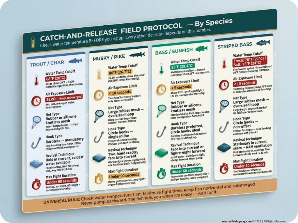 Infographic field protocol card showing go-no-go temperatures, air exposure limits, net and hook preferences for trout musky bass and striped bass