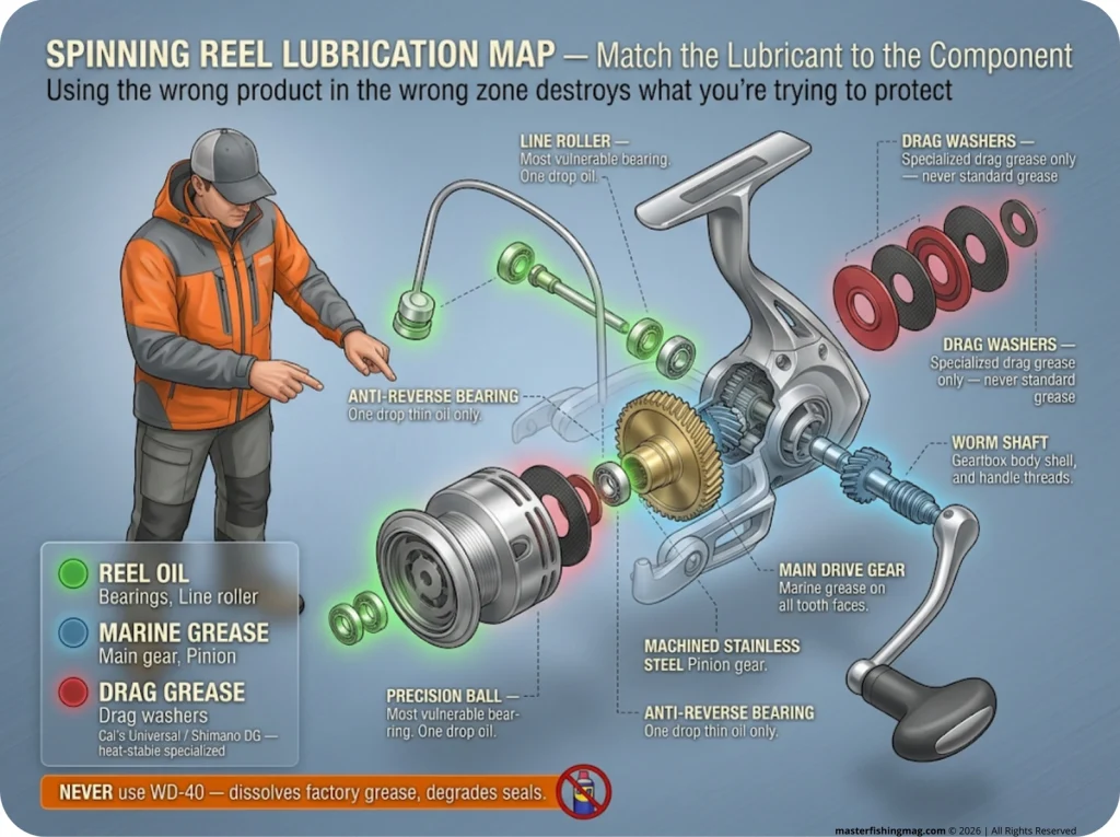 Infographic showing exploded spinning reel with color-coded lubrication zones: green for oil, blue for grease, red for drag grease, with product labels