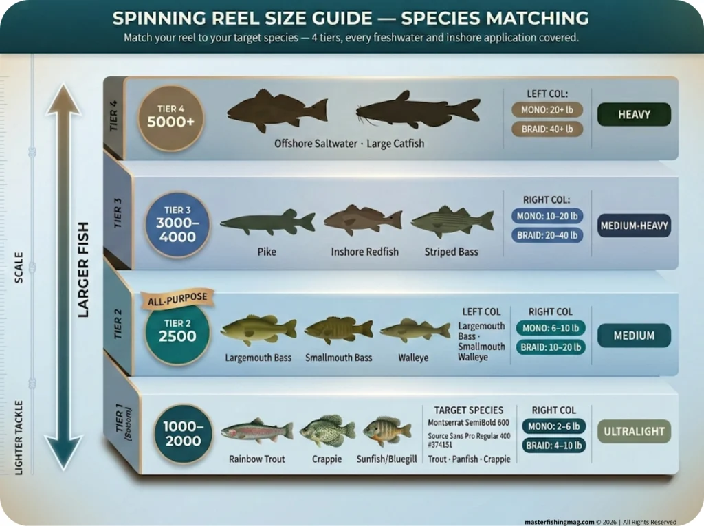 Visual ladder infographic showing 5 reel size tiers (1000–5000+) with fish silhouettes, species names, and line weight ranges for each size