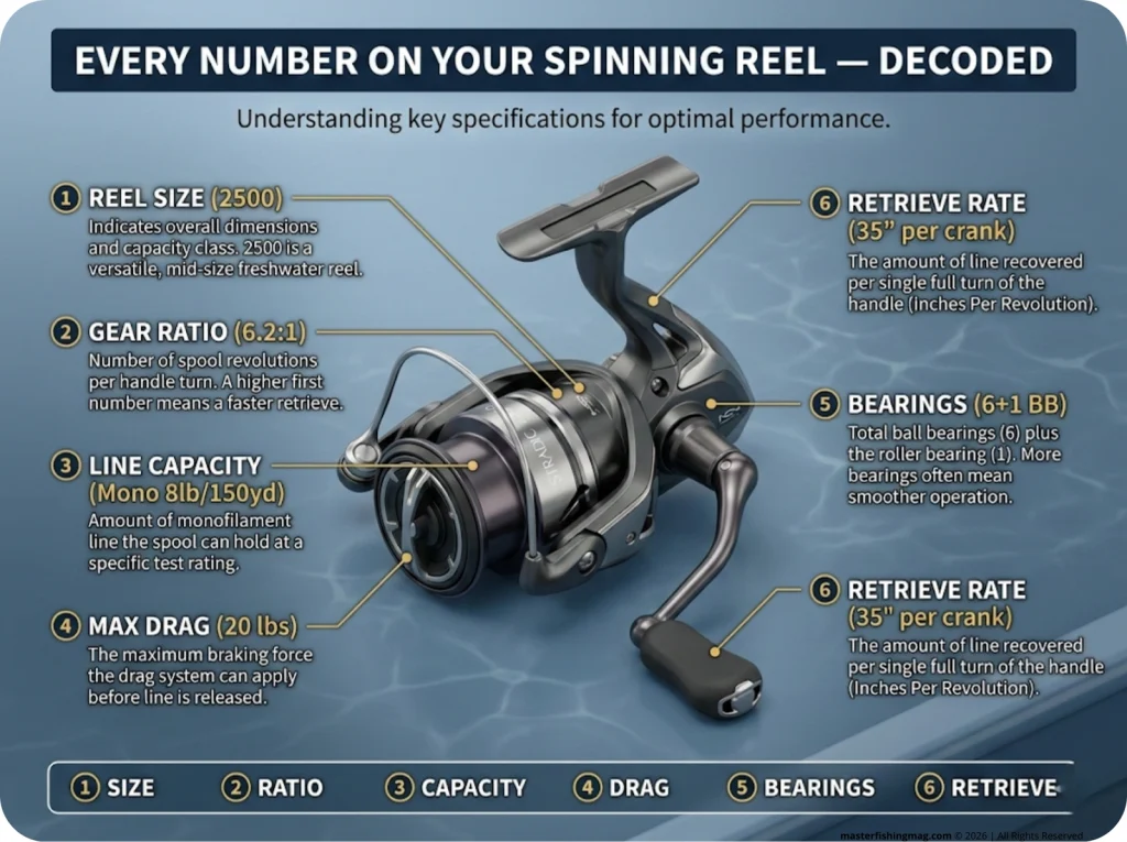 Annotated spinning reel diagram with 6 numbered arrows identifying each spec location: size, gear ratio, line capacity, drag, bearings, retrieve rate