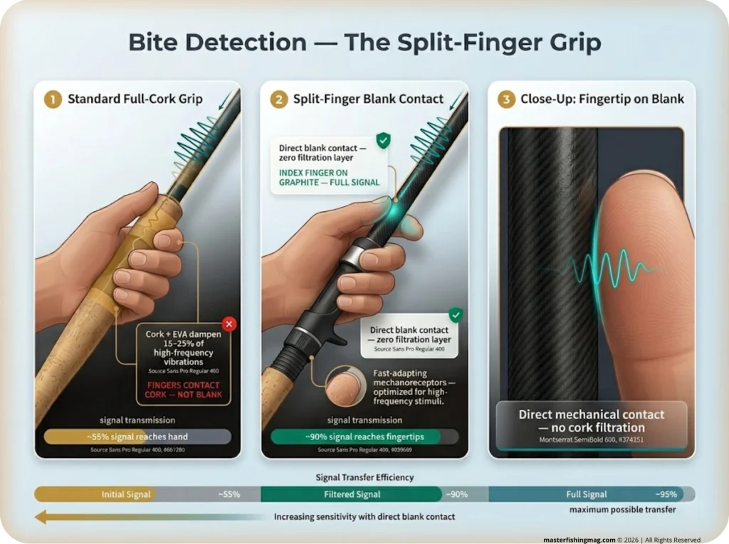 Infographic showing 3-frame grip comparison for bite detection with vibration transmission labels for each hand position