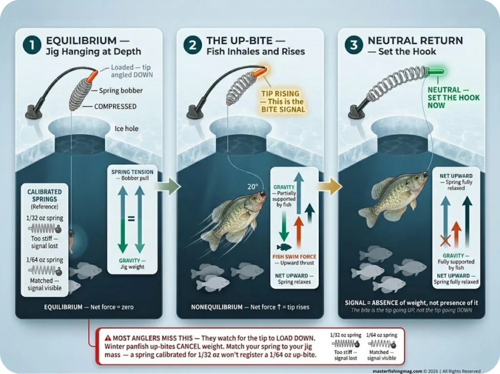 Infographic showing 3-panel spring bobber up-bite detection sequence with labeled force vectors for winter panfish