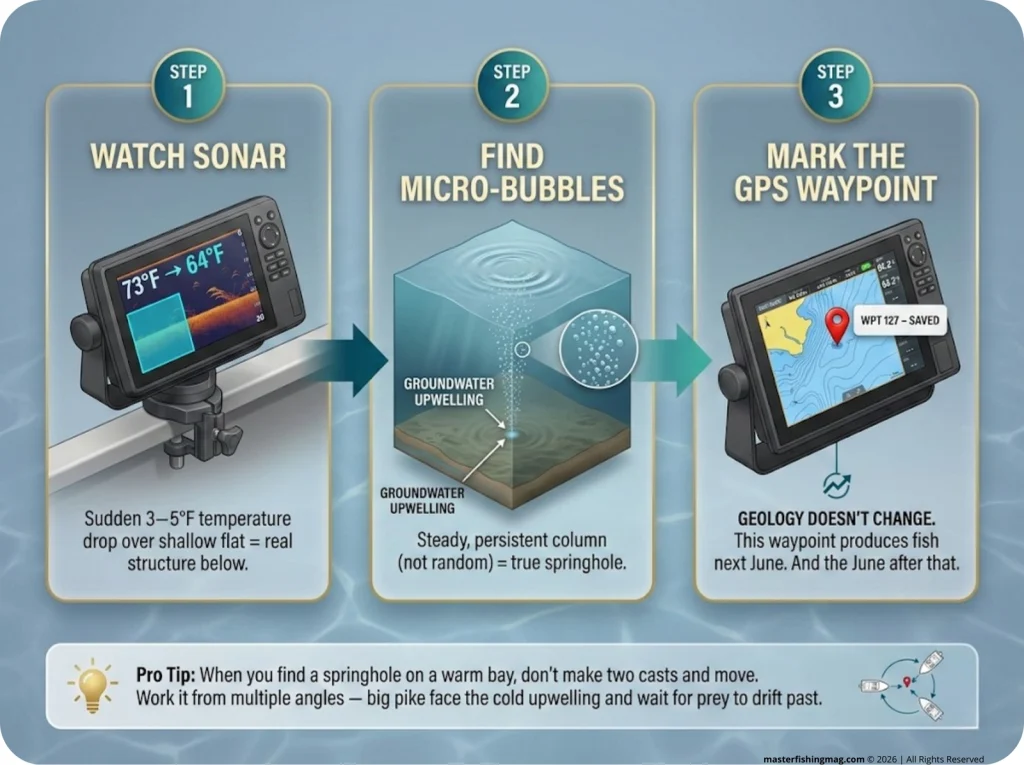 Infographic showing 3 springhole detection methods — sonar temp drop, micro-bubble stream, and GPS waypoint marking — with panel details